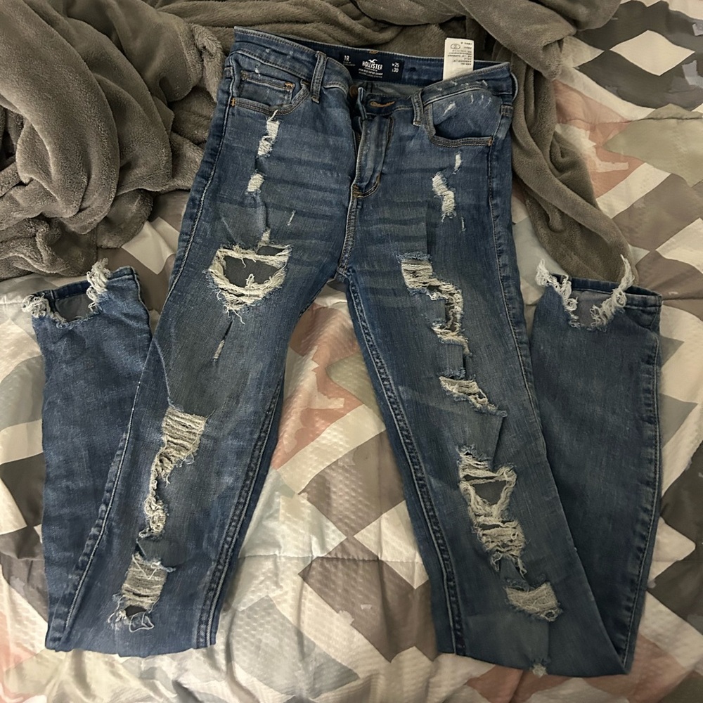 hollister blue high rise super skinny ripped jeans, W:25, L:30